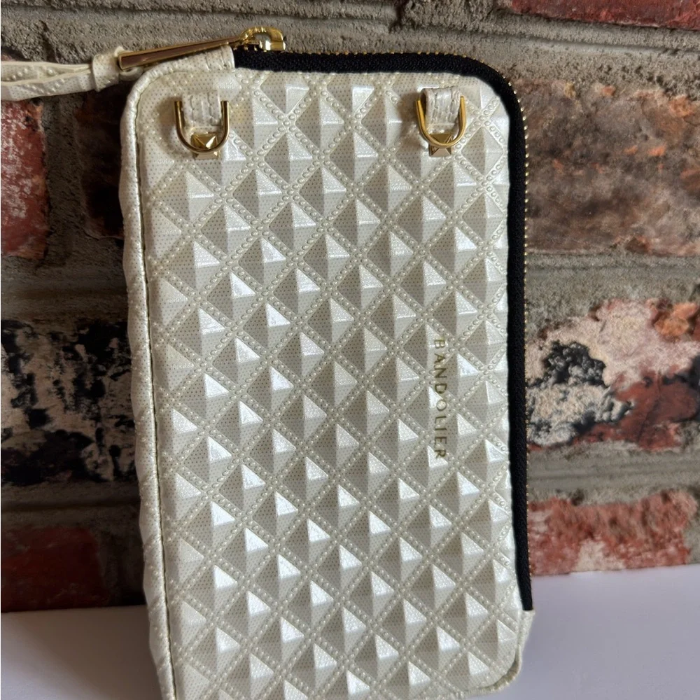 Bandolier Ivory Quilted Pyramid-Texture Wristlet with Gold Hardware